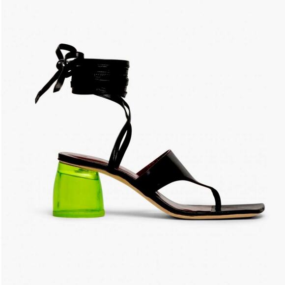 Staud Black Leather Sandals Green Lucite Heel Strappy 11.5